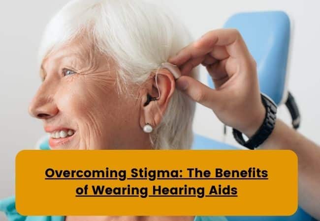 A woman is fit with a hearing aid in a clinic