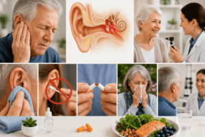 A collage of ear health and hearing care scenes showing people experiencing ear discomfort, practicing safe ear hygiene, attending hearing checkups, avoiding harmful habits, and supporting overall wellness through healthy lifestyle choices.