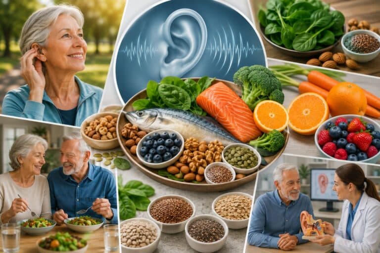A collage featuring healthy foods associated with hearing wellness, including fish, leafy greens, nuts, seeds, fruits, and vegetables, alongside older adults enjoying nutritious meals, staying active outdoors, and consulting with a hearing care professional about maintaining long-term hearing health.