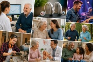 A collage illustrating common hearing loss situations and solutions, featuring people of different ages receiving hearing evaluations, wearing hearing aids, communicating with family and friends, protecting their hearing in noisy environments, and consulting with hearing care professionals about better hearing health.