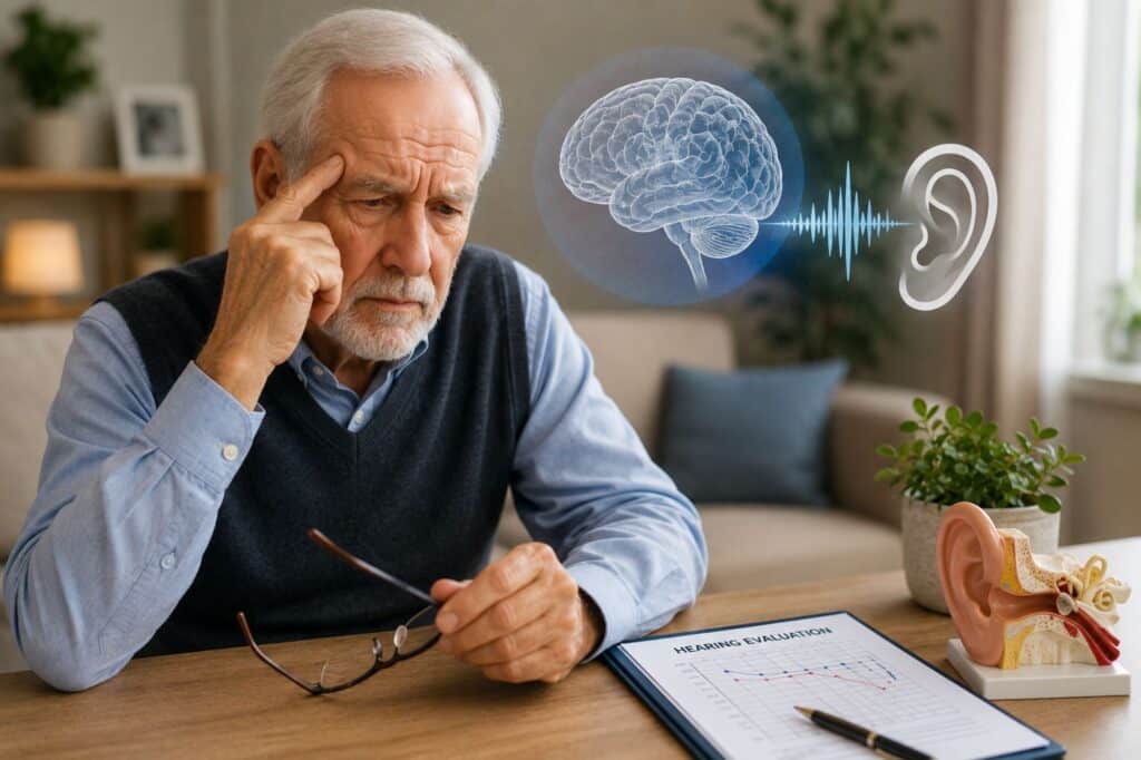 An older adult sitting thoughtfully at a table with a hearing evaluation chart and ear model nearby, illustrating the connection between hearing health, cognitive function, and healthy aging.