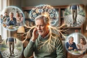 A conceptual illustration of a concerned older man surrounded by circular vignettes that depict the hidden health risks of untreated hearing loss, including social isolation, relationship strain, and balance difficulties.