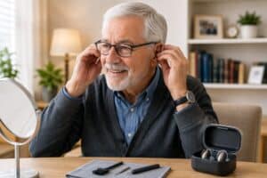 A smiling senior man adjusts his hearing aids while looking in a mirror at home, with a hearing aid case and cleaning tools nearby, illustrating the process of getting comfortable with new hearing aids.
